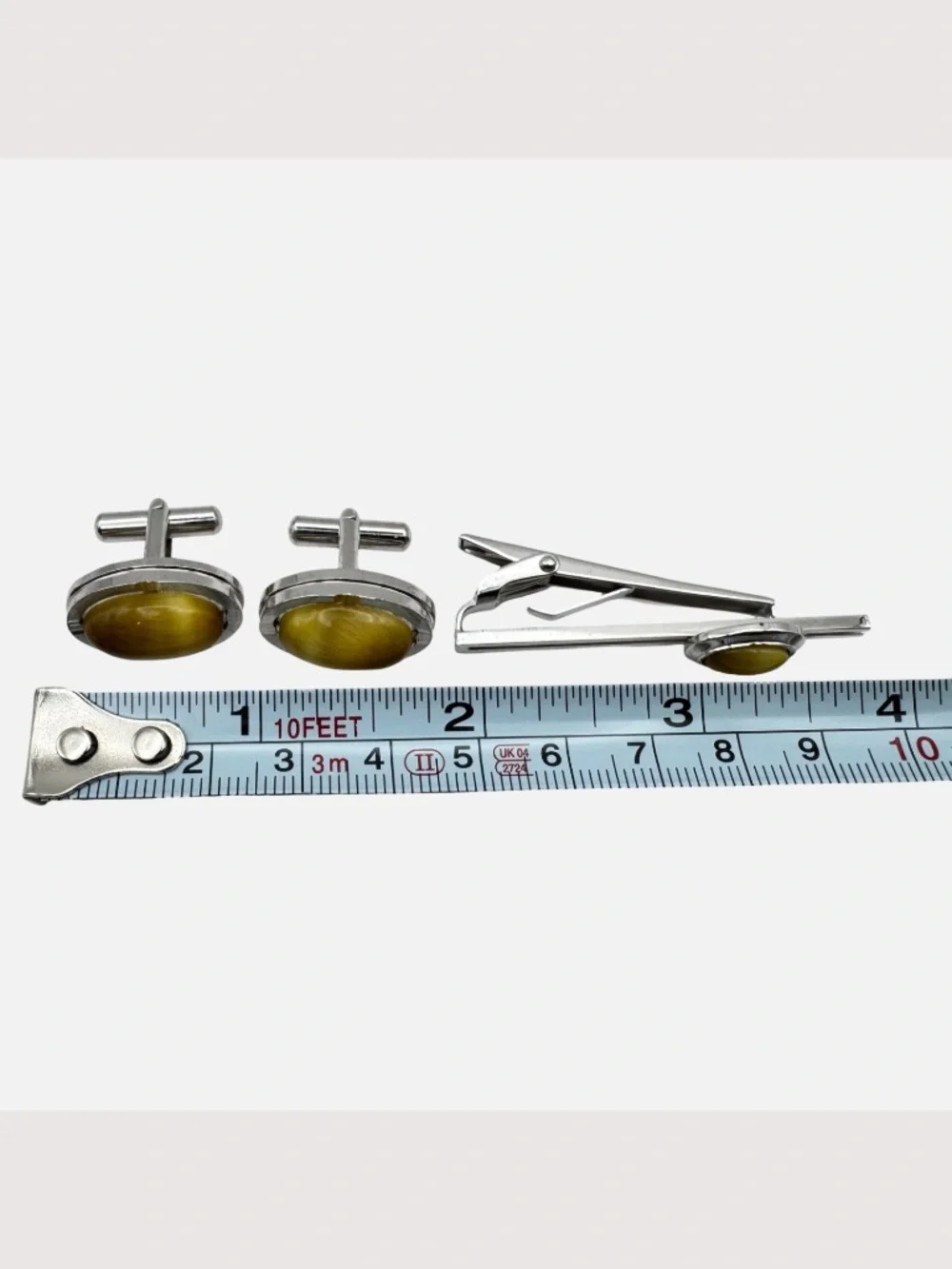Vintage Yellow Cats Eye Cufflinks Tie Clip Set Silver Tone Japan Mens Formal Box